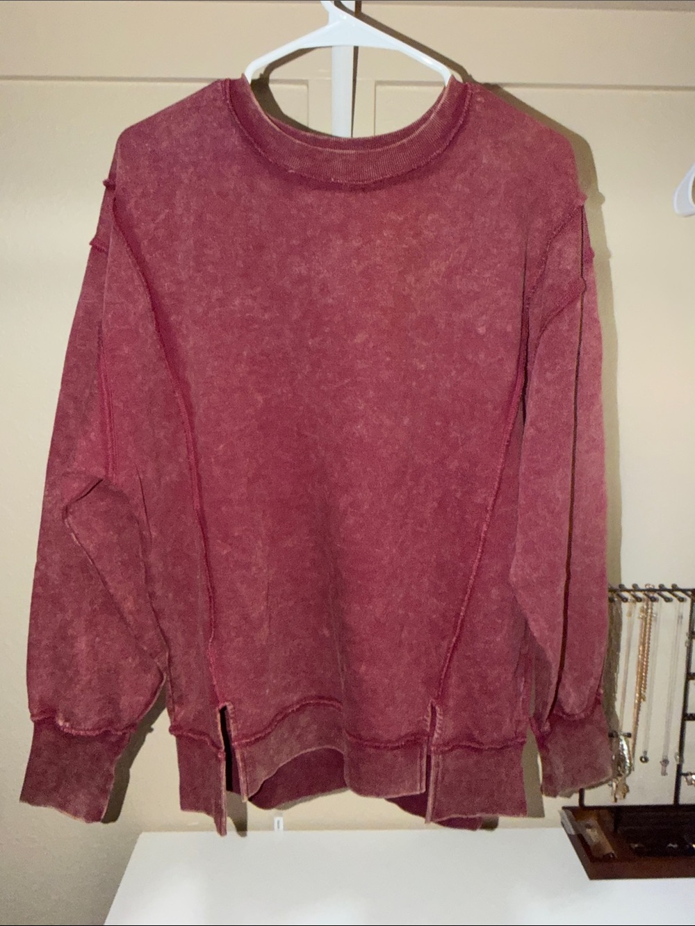 Zenana Acid Wash Crewneck Sweater - Burgundy S/M